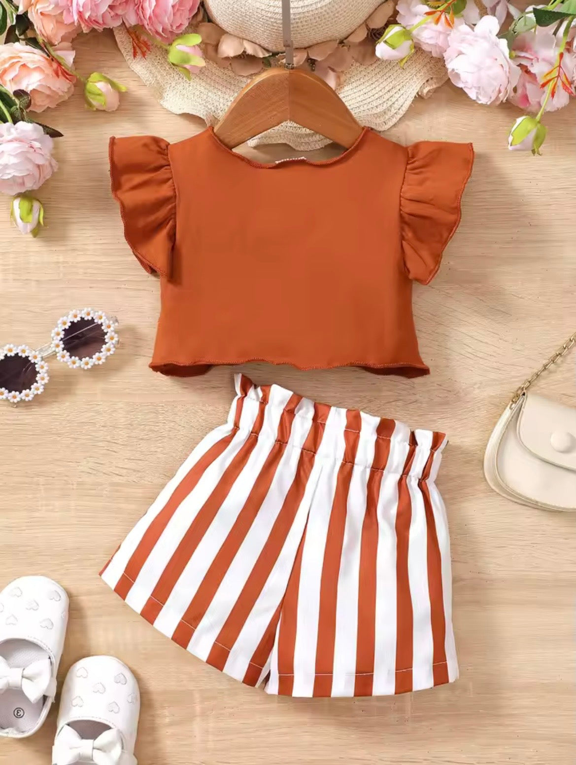 0-2 Year Old Baby Girl Summer Fashion Love Collar Ruffled Short Sleeved And Striped Shorts Two-piece Set